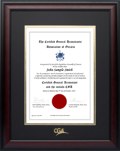 Satin mahogany wood frame with double mat board (BLK/GLD) for VERTICAL CGA Ontario designation